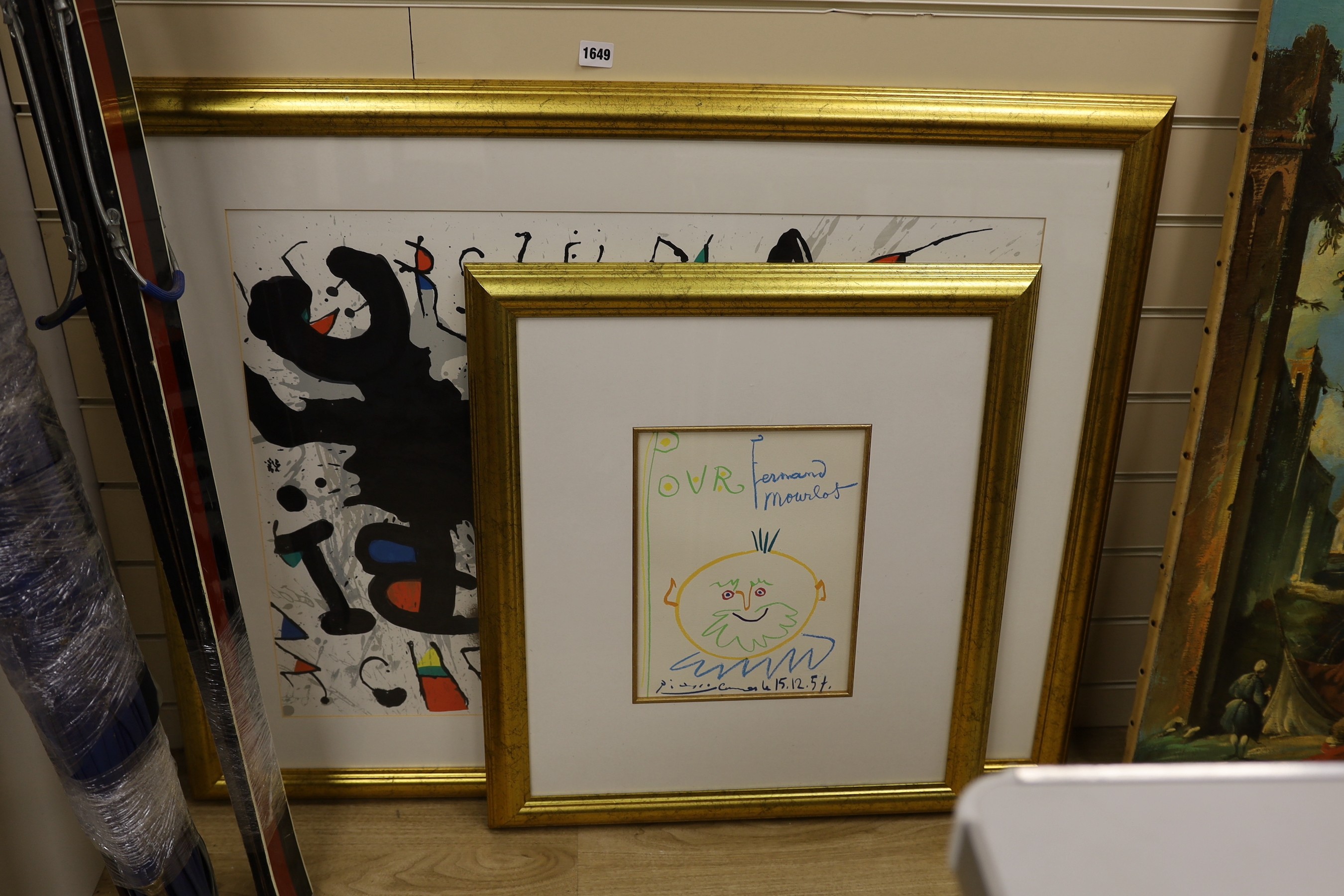 After Joan Miro (1893-1988), lithograph, Abstract published by Jean Amile 1978 from the edition of 500, 56 x 78cm and another lithograph after Picasso, 31 x 24cm